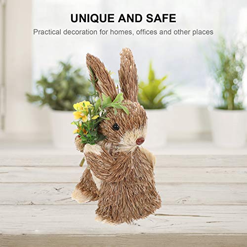 NUOBESTY Standing Bunny Figurine Straw Woven Easter Rabbit Holding Flower Doll Desktop Artificial Animal Model Sculpture Statue for Easter Day Garden Desktop Ornament 2