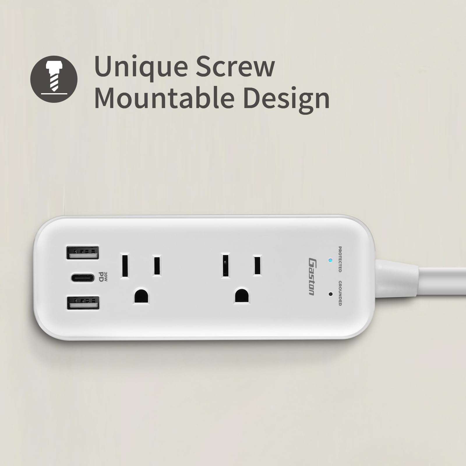 Gaston Surge Protector Power Strip - 10 Ft Plug Extension Cord, 4 Widely Outlets, 3 USB Ports(1 USB C), 2 Side Outlet Extender for Home Office, White, ETL 4