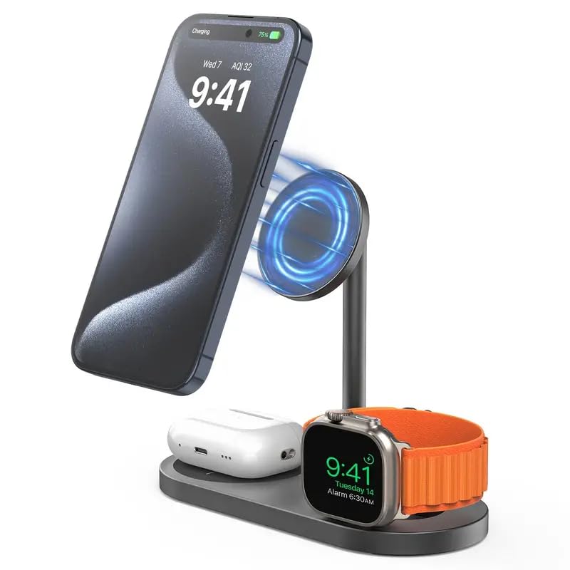 SEDLAV Wireless Charger 6-in-1 Charging Station Compatible with iPhone Pro Max XR XS, iWatch, AirPods - Night Light, Phone Holder, Time Synchronization & Temperature Display (Black)