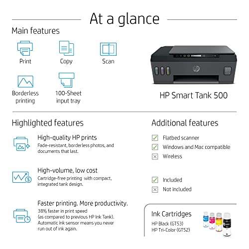 HP Smart Tank 500 All-in-One Printer, Print, Copy, Scan, Hi-Speed USB 2.0, Up to 11/5 ppm (Black/Color), 100-sheet Input Tray, 30-Sheet Output Tray, 1000-page Duty Cycle, Color, 4SR29A 4