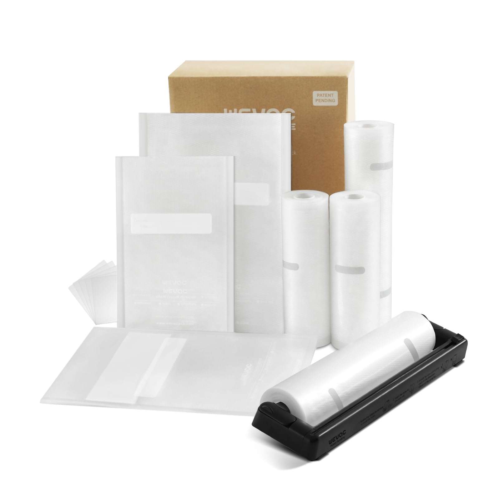 Family Pack Vacuum Sealer Rolls Bags, 6"x10" (50pcs), 8"x12" (70pcs), 8"x20' (2 rolls), 11"x20' (2 rolls), Compact Roll Dispenser, Leakproof Food Storage, Sous Vide, Meal Prep, Food Saver, Wevac Core 1