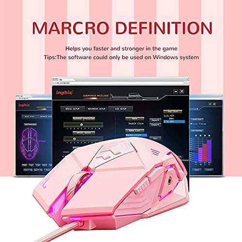 INPHIC Pink Gaming Mouse. USB Optical Wired Mouse. RGB Backlight. 4 Levels Adjustable DPI up to 4800. Silent Click, Ergonomic and 7 programmable Buttons Design. PC Gaming Mice for Windows System. 5