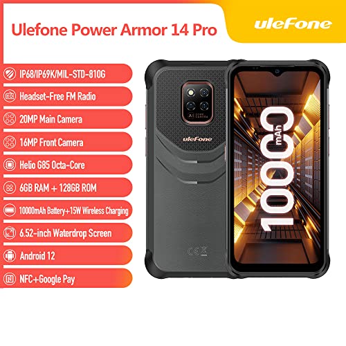 Ulefone Unlocked Rugged Smartphone, Power Armor 14 Pro Android 12 6GB+128GB IP68 Waterproof Phone, 20MP Triple Rear Camera, Wireless Charging, 6.52" HD+ Screen Dual 4G Unlocked Rugged Phone 2