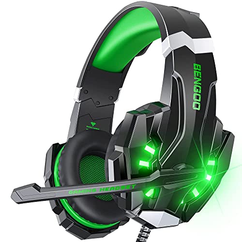 BENGOO G9000 Stereo Gaming Headset for PS4 PC Xbox One PS5 Controller, Noise Cancelling Over Ear Headphones with Mic, LED Light, Bass Surround, Soft Memory Earmuffs for Laptop Mac - Green 1