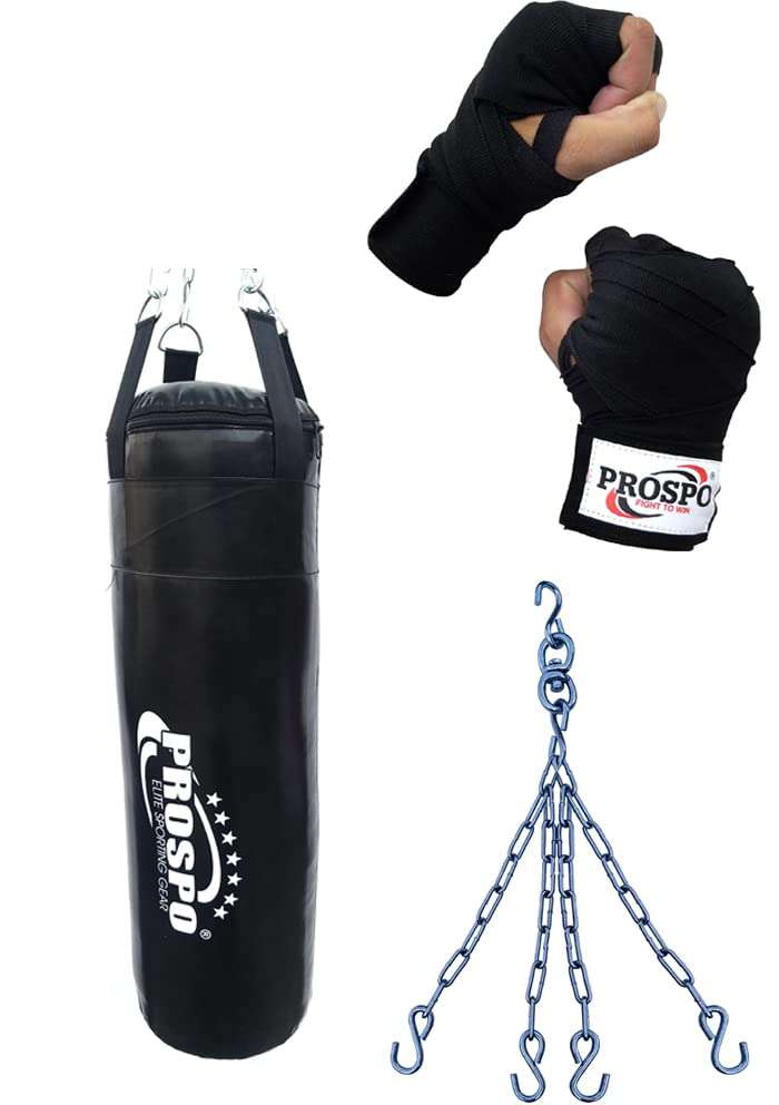 Prospo Synthetic Leather Heavy Bag with Chain and Hand-wrap, Boxing Wraps, Boxing Bag, Boxing Kit, Boxing Kit for Men, Boxing Heavy Punching Bag Filled, Boxing Heavy Bag Filled, Boxing Kit for Kids, Boxing Kit with Chain and Handwrap 108 Inch (24 Inch Filled) 1