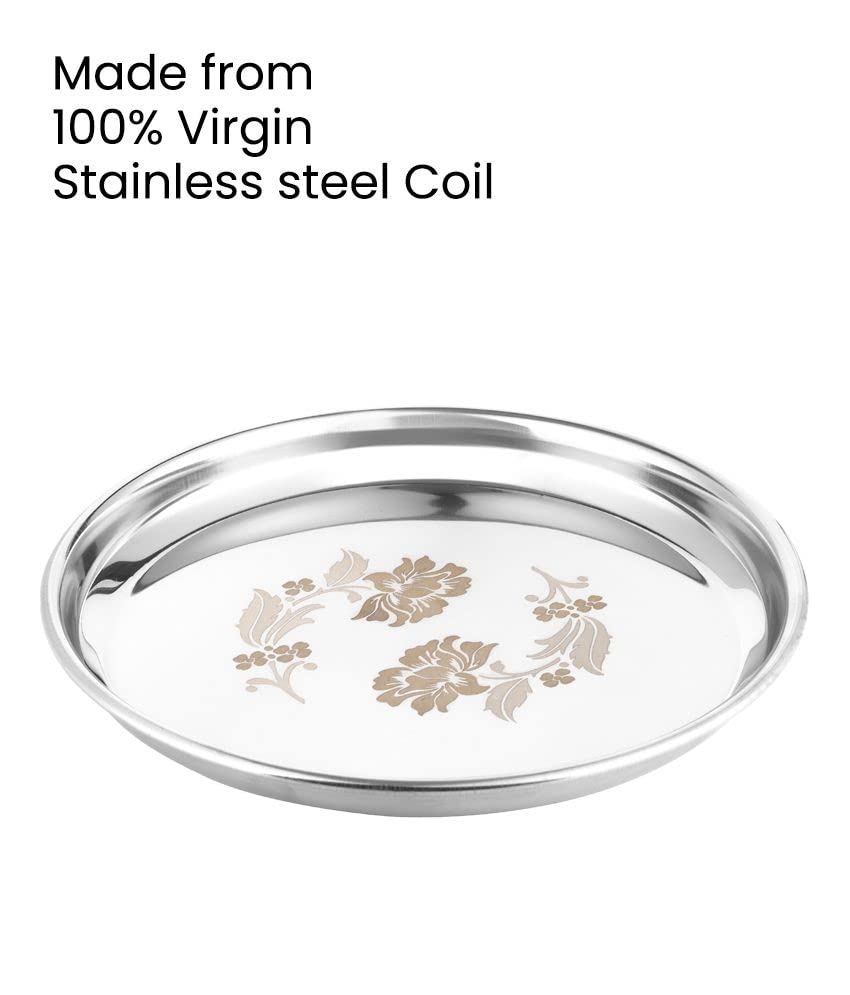 KC Stainless Steel Dinner Plate | Thali | Khumcha Plate with Laser Flower Design Set of 4 Plates (Diamm. 27 Cms) 5