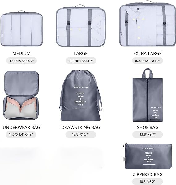 AVENUX 7pcs Set Travel Organizer Packing Cubes Lightweight Travel Luggage Organizers with Laundry Bag or Toiletry Bag Laundry Organiser (Grey, 7 PCS) 4