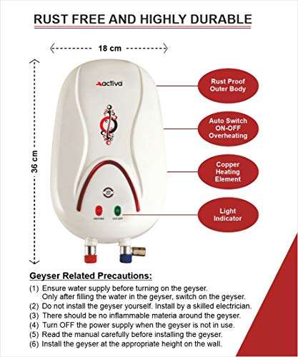 ACTIVA 1 LTR. Instant 3 KVA Anti Rust Coated Tank Geyser with Full ABS Body, 5 Year Warranty HOTMAK (Ivory) 3