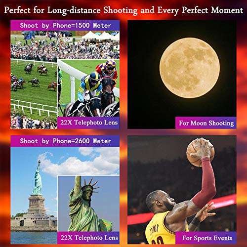 Phone Camera Lens Kit 10 in 1 for iPhone Samsung Pixel Android, 22X Telephoto Lens, 0.62X Super Wide Angle Lens&25X Macro Lens, 235° Fisheye,Kaleidoscopes, Starlight，Tripod，for Most Smartphone Black 5