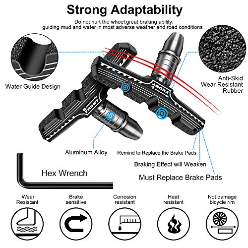 Bike Brakes Pads Set, Brakes Kit, Road Mountain Cycle Bicycle Rubber Universal V-Brake Blocks Shoes with Hex Nut Tools and Shims, No Noise No Skid, 70mm, Fits Most Bikes MTB City Folding Bike Pads 2