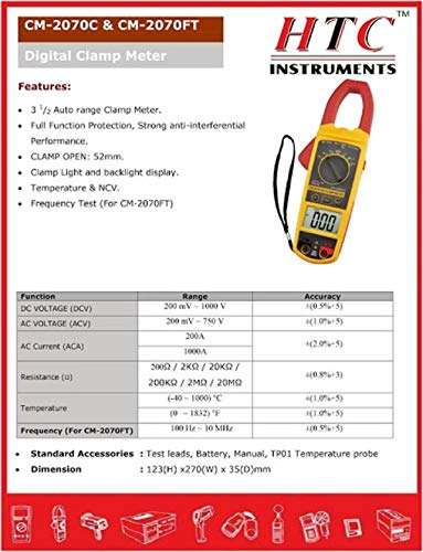HTC Instrument CM-2070FT Digital AutoRange AC Clamp Meter 1000 Amp with Frequecy and Temperature 1