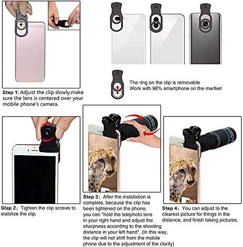 Phone Camera Lens Kit 10 in 1 for iPhone Samsung Pixel Android, 22X Telephoto Lens, 0.62X Super Wide Angle Lens&25X Macro Lens, 235° Fisheye,Kaleidoscopes, Starlight，Tripod，for Most Smartphone Black 6