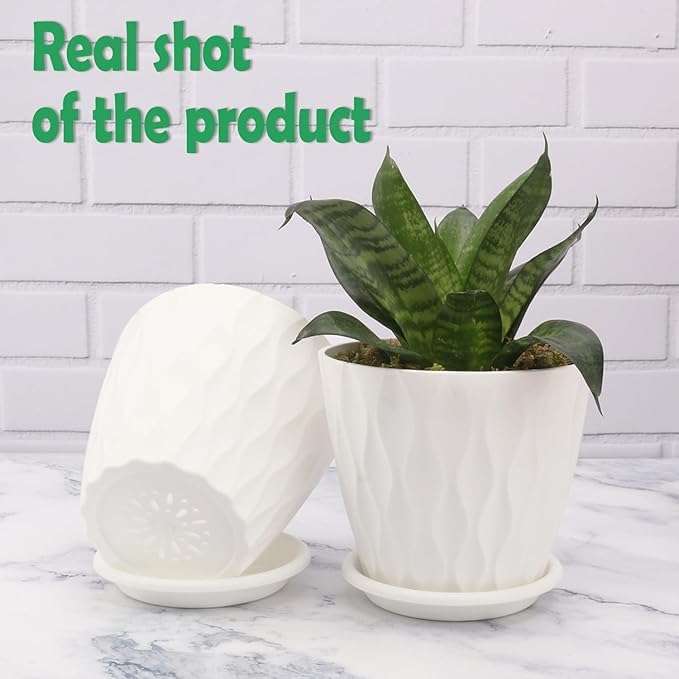 Leafly Set of 5 Multicolor Round Flower Plant Pots (6.3 Inch) with Drainage Tray | Durable Lightweight Planters for Home, Office, Terrace, Balcony & Indoor/Outdoor Gardening (White Wave) 6