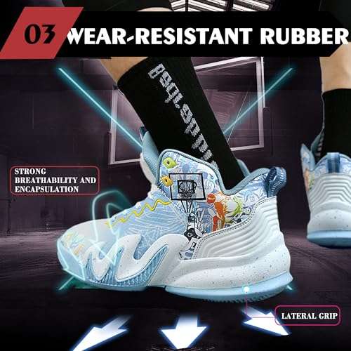 CJSPORX Unisex's Basketball Shoes Breathable Men Non Slip Outdoor Fashion Women Sneakers White&Blue-3 Size 10-1 4