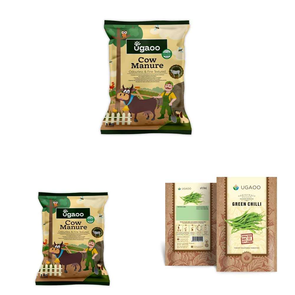 Ugaoo Cow Manure 5 Kg - Organic Fertilizer for Home and Garden Plants&Ugaoo Cow Manure - 1 Kg&UGAOO Chilli Vegetable Seeds (Green, Pack of 500mg), (VS141) 1