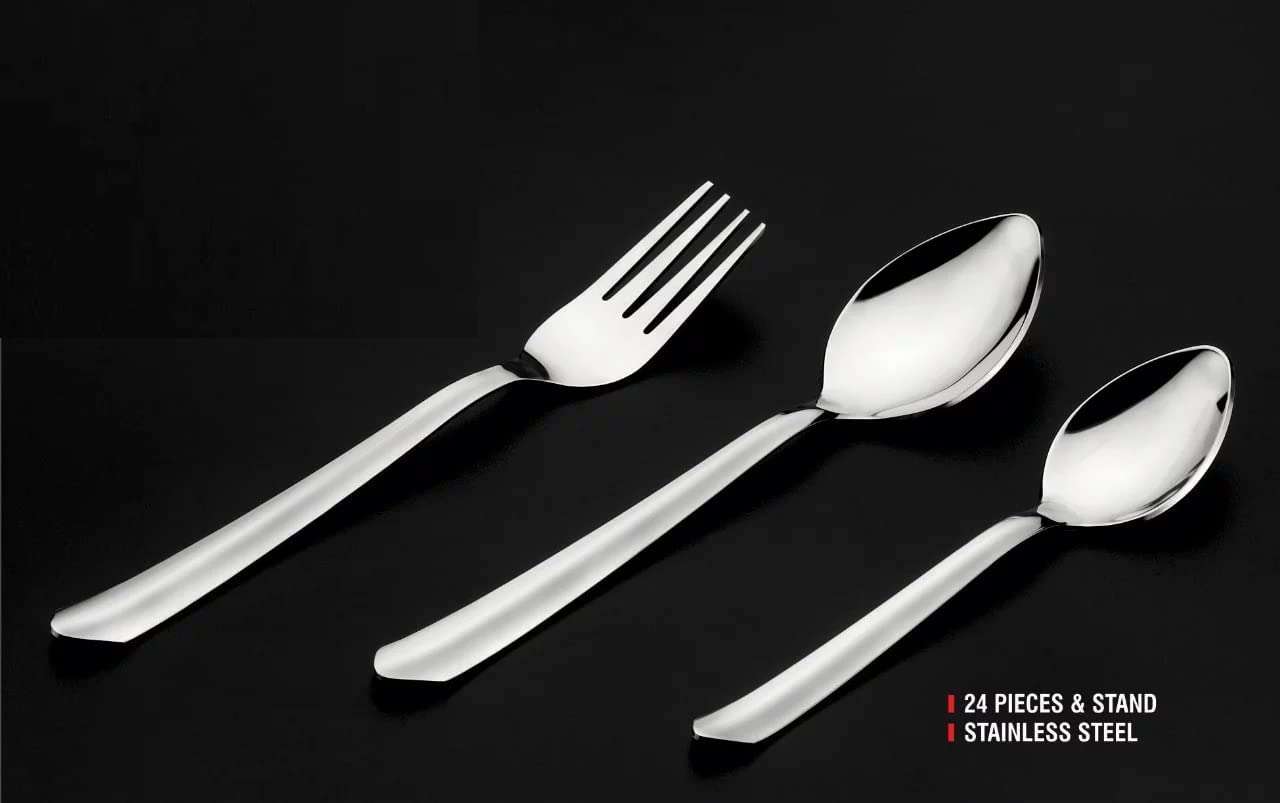 Sajani 24 pcs Stainless Steel Cutlery Set / Forks with Stand for Home & Kitchen / 6 Dinner Spoons / 6 Dinner Forks / 6 Dessert Spoons / and 6 Tea Spoons / Cutlery Set with Stand ( Silver ) 5