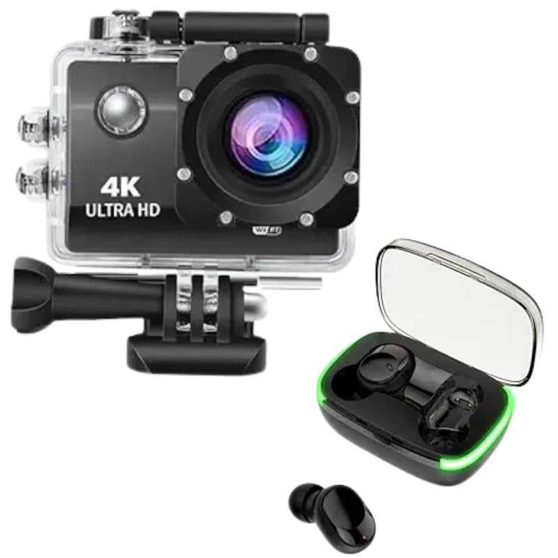 Drumstone Combo Pack of 2 Items- Touch Screen Sports Action Camera, 4K Waterproof Sport Camera,170 Degree Wide Angle WiFi HD Cam, 16MP with Y60 Wireless Bluetooth 5.0 TWS Mini Earbuds Call Noise 1