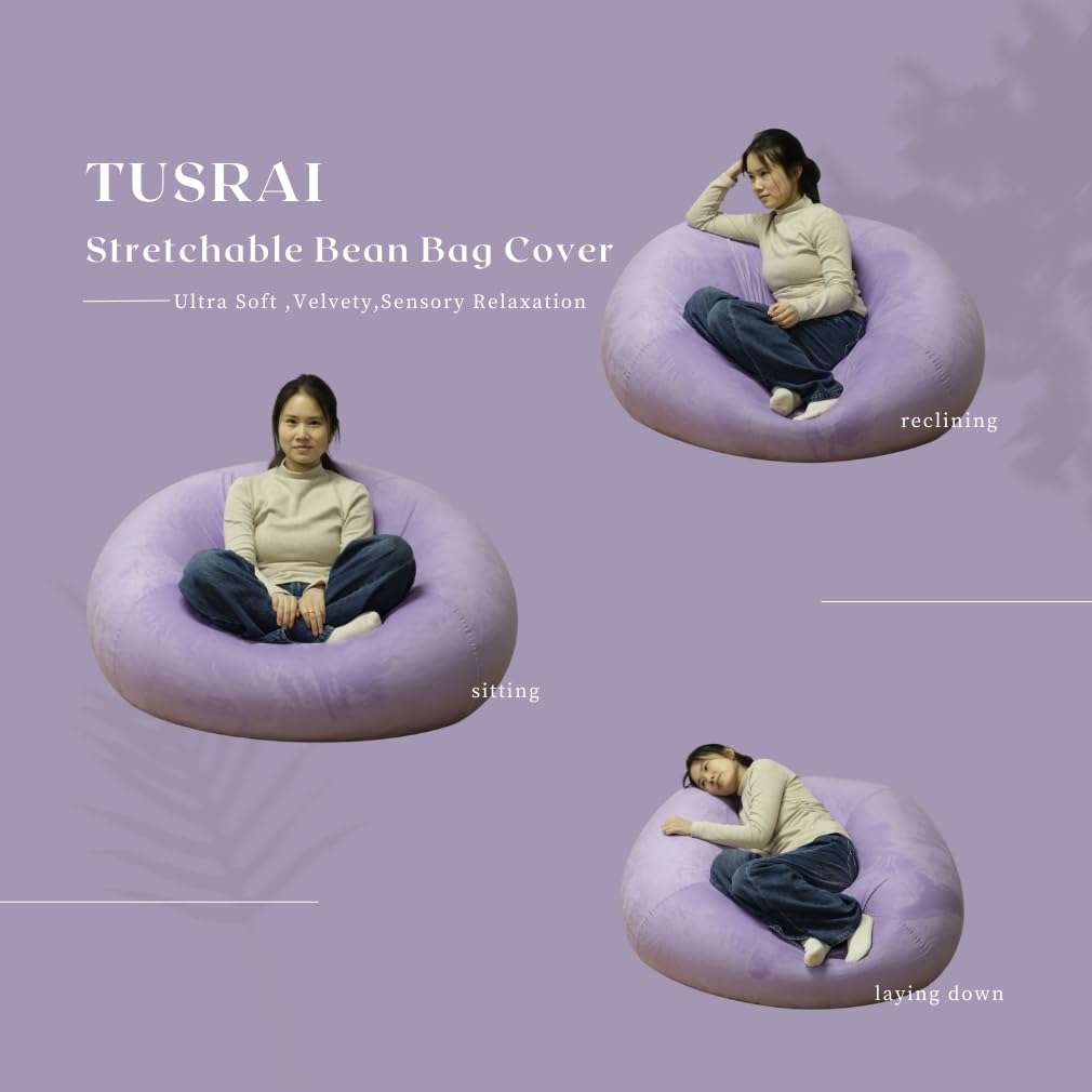 Tusrai Bean Bag Cover with Liner Only Ultra Soft Stretch Velvety Microsuede Bean Bag Chair Cover for Adult Pear Style Washable Large Luxurious 3ft -Lavender Purple 3