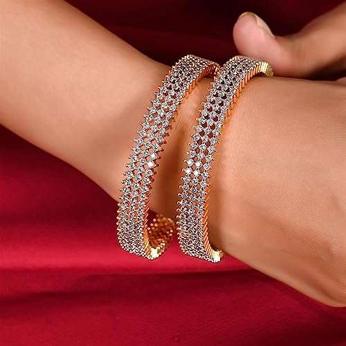 Ratnavali Jewels American Diamond Studded Gold Plated Traditional White CZ/Diamond Bangles for Women/Girls-2.6 2