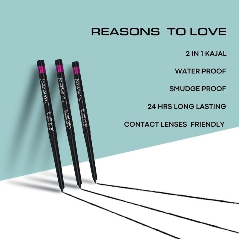 JAZZBERRY Blinkwink All Day Wear Kajal Pencil Midnight Black | Waterproof & Smudge Proof | 24 Hours Long Stay | Deep Matte Finish Bold Smooth Line - 30gm 4