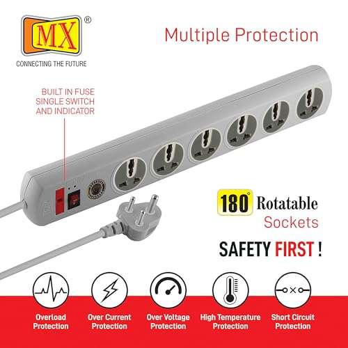 MX 180° Rotatable 6 Way Output Universal Socket with Spike Guard Surge Protector, Master Switch, Fuse, LED Indicator Extension Board, 3 Meter 5