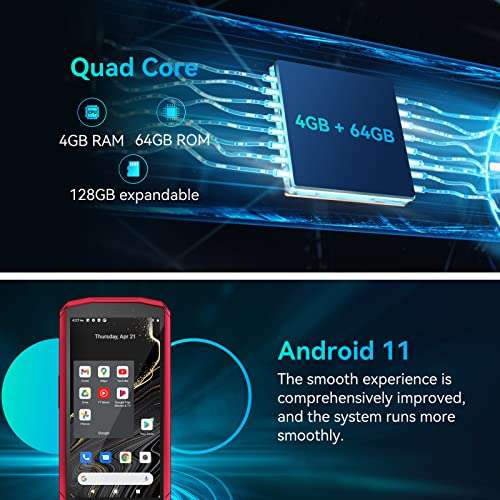 CUBOT Pocket 4 inch Smartphone Without Contract, Android 11 Mobile Phone, 4GB + 64GB, 128 GB Expandable, 3000mAh Battery, 16MP + 5MP Camera, 4G Dual SIM NFC, GPS, Face ID, Red 2