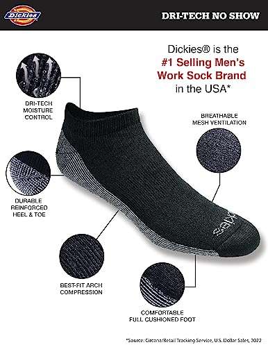Dickies Men's Dri-Tech Moisture Control No Show Socks (6/12 Pairs) (M-XXL), Black (6 Pairs), Medium 2