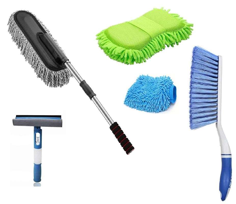 Semaphore Car Cleaning Combo Pack Microfiber Duster, Carpet Brush, 3 in1 Glass Wiper & Microfibre Gloves Full Interior and Exterior Cleaning Kit Compatible with Toiota Etios Cross 1