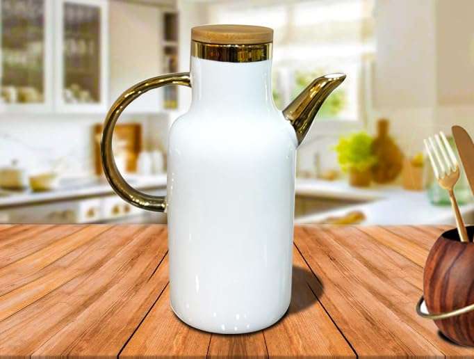 Lemon Tree Ceramic Oil & Beverage Pot With Wooden Spillproof Airtight Lid For Oils, Vinegar, Accompaniments,Juice, Beverages, Tea & Coffee (White) 6