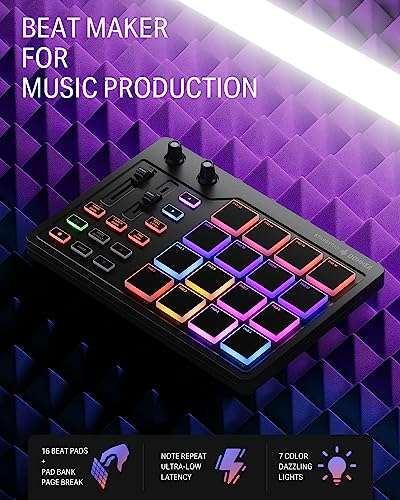 Donner MIDI Pad Beat Maker Machine Professional, Drum Machine with 16 Beat Pads, 2 Assignable Fader & Knobs and Music Production Software, USB MIDI Controller with 40 Courses, STARRYPAD 2