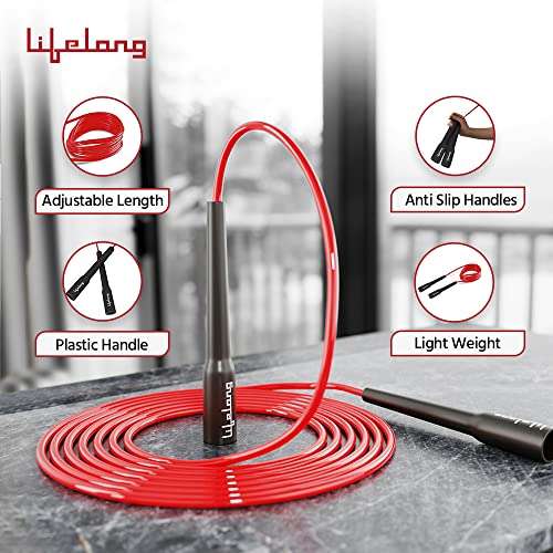 Lifelong LLSR01 Skipping Rope for Men, Women & Children - Jump Rope for Exercise Workout & Weight Loss - Tangle Free Jumping Rope for Kids (275cm, Red and Black) Handle Material: Plastic 5