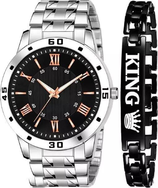 Red Robin Alluring Analogue Solid Dial Stainless Steel Strap Graceful Stylish Wrist Watch with King Braclete for Men and Boys, Pack of 2-1016-BLK-D-AVO-SIL-STL-KING-BLK-BRCLT (Black)