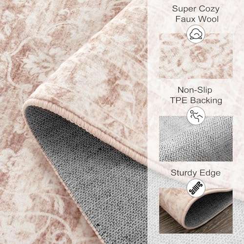 Uphome Boho Runner Rug 2x6, Washable Pink Cute Kitchen Runner Rug, Vintage Soft Non-Slip Bathroom Rugs, Oriental Distressed Tribal Floral Throw Carpet for Hallway Bedroom Entryway 3