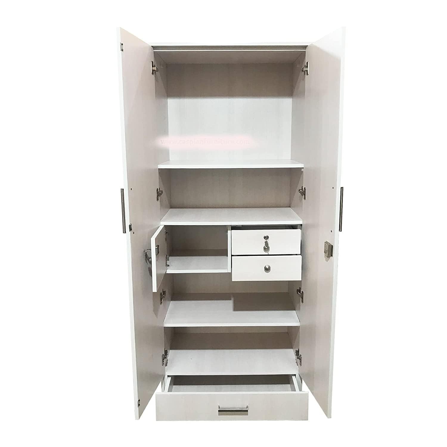 CASPIAN Furniture Wooden 2 Door Wardrobe for Bedroom with Mirror Attached | Cupboard with Locker 2 Drawers 4 Shelves Size 75 x 30 x 19 inches (Super White) 6