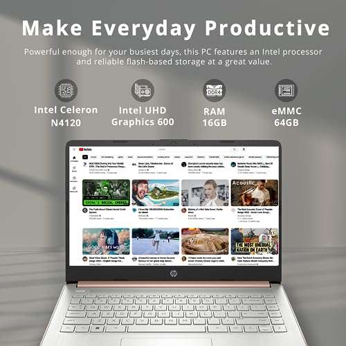 HP Stream 14" HD BrightView Laptop, Intel Celeron N4120 Processor, 16GB RAM, 64GB SSD, Intel HD Graphics, 720p Webcam, Rose Gold, Win 11, 32GB Hotface USB Card, 1 Year Office 365 2