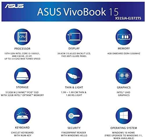 ASUS Intel Core i3 10th Gen - 4 GB + 32 GB Optane/512 GB SSD/Windows 10 Home X515JA-EJ372TS Thin and Light Laptop 15.6 inches, Transparent Silver, 1.80 Kg, with MS Office 2