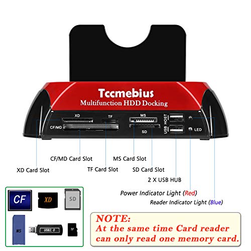 Tccmebius Hard Drive Docking Station, TCC-S862-US USB 2.0 to 2.5 3.5 Inch SATA IDE Dual Slots External Enclosure with All in 1 Card Reader and USB 2.0 Hub for 2.5" 3.5" IDE SATA I/II/III HDD SSD 3