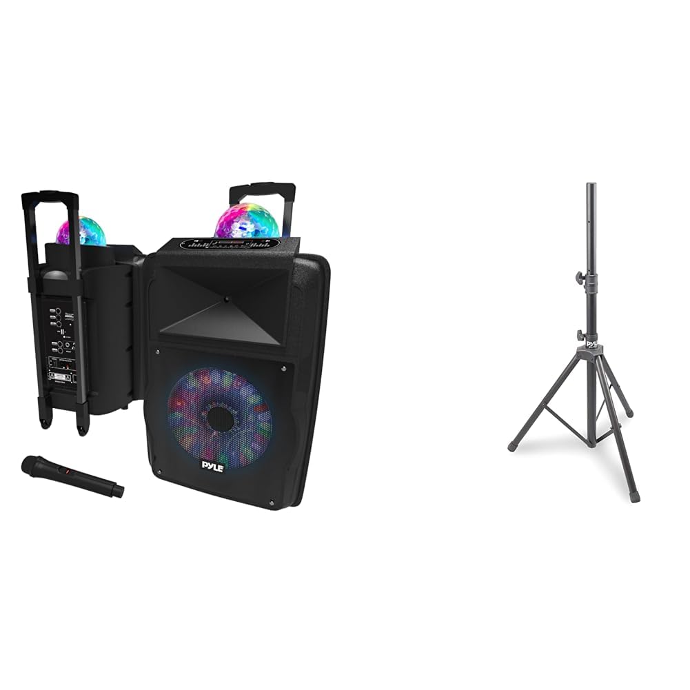 Pyle 700W Portable PA Speaker System Bundle with Bluetooth Wireless Streaming, Flashing LED Lights, Handheld Microphone and Adjustable Heavy Duty Speaker Stand 1