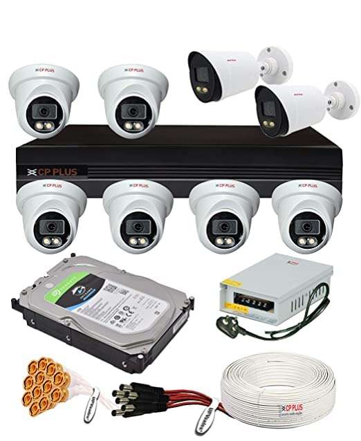 CP Plus, 2.4 MP Guard+ Colorful View in Dark 8 Camera Combo Kit with (8Ch DVR, 6 Dome 2 Bullet Cameras, 2TB HDD, Power Supply,180Mtr Cable Audio Mic & Connectors) CCTV Security Camera Set (White) 1