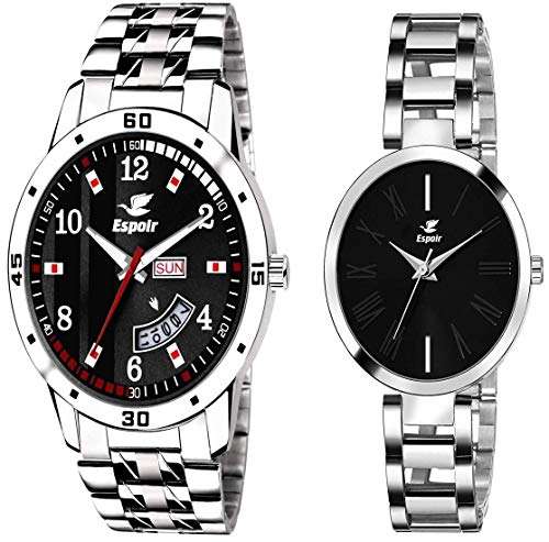 Espoir Analog Stainless Steel Black Dial Couple Watch - Black-ManishaBrock 1
