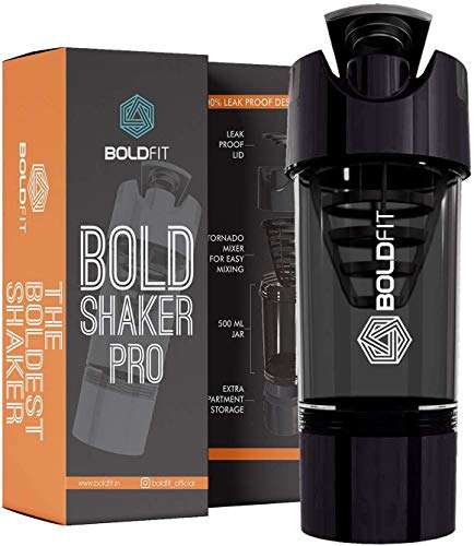 Boldfit Gym Shaker Pro Cyclone Shaker 500ml with Extra Compartment, 100% Leakproof Guarantee, Ideal for Protein, Preworkout and BCAAs, BPA Free Material Sipper Bottle (Black, Plastic, Pack of 1) 1