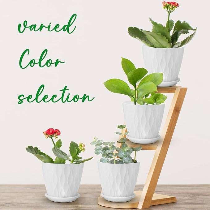 StyleX Store Plastic 6.2 inch Plant Pots with Drainage Holes and Tray Saucers | Flower Pots for Home Planters, Terrace, Balcony Dcor, Home Indoor and Outdoor Gardening Plants, Pack of 5 (White) 5