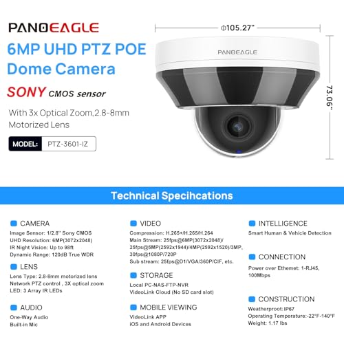 5MP PTZ Outdoor PoE IP Camera Speed Dome with Auto Tracking,Pan Tilt 18x Optical Zoom,AI Human/Vehicle Detection,165ft Night Vision,Two-Way Audio,H.265+,IP66,Compatible for Hikvision 2