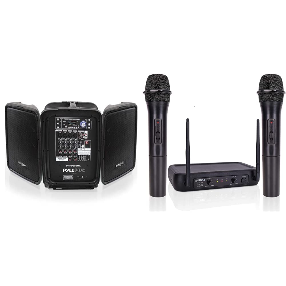 Pyle PPHP898MX 600 Watt 8-Channel Portable Bluetooth Wireless PA Speaker Amplifier Kit & Channel Microphone System-VHF Fixed Dual Frequency Wireless Set with 2 Handheld Dynamic Transmitter Mics 1