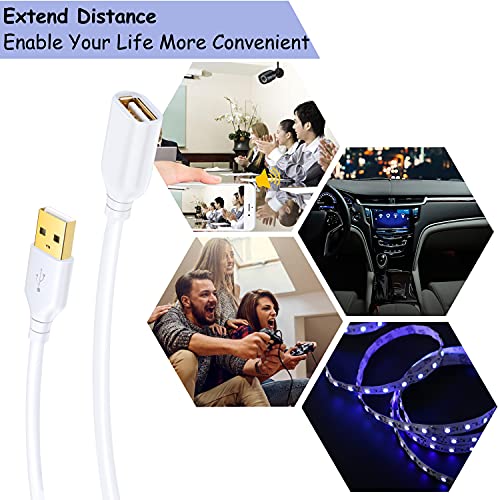 Costyle White USB Extension Cable, 2-Pack USB 2.0 10ft/3m Type A Male to A Female Extension Cord White USB Extender Cable with Gold-Plated Connectors 5