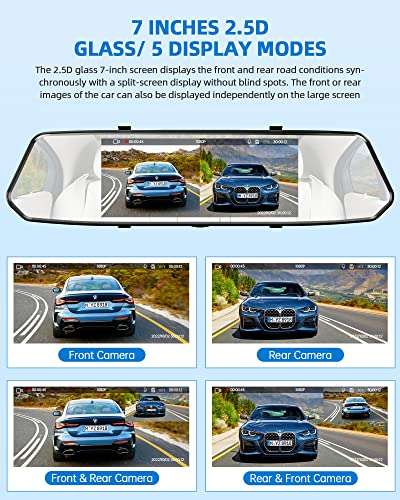 7" Dual Mirror Dash Cam Front and Rear FHD 1080P Car Camera Touchscreen Rear View Mirror Camera Waterproof Backup Camera with Parking Assistance Motion Detection 2