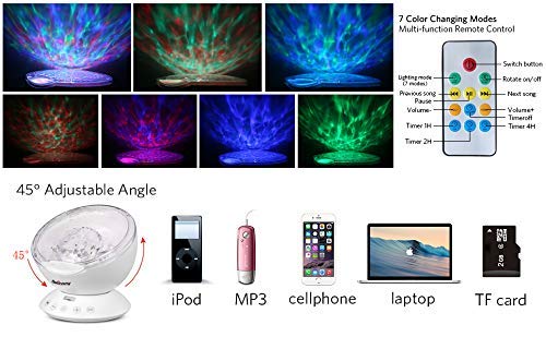 Sisliya Ocean Wave Projector, 12 LED Night Light Lamp with Adjustable Light Remote Timer 7 Lighting Modes Speaker Music Light Night Projector for Baby Kids Adults Bedroom Sleep Gift 3