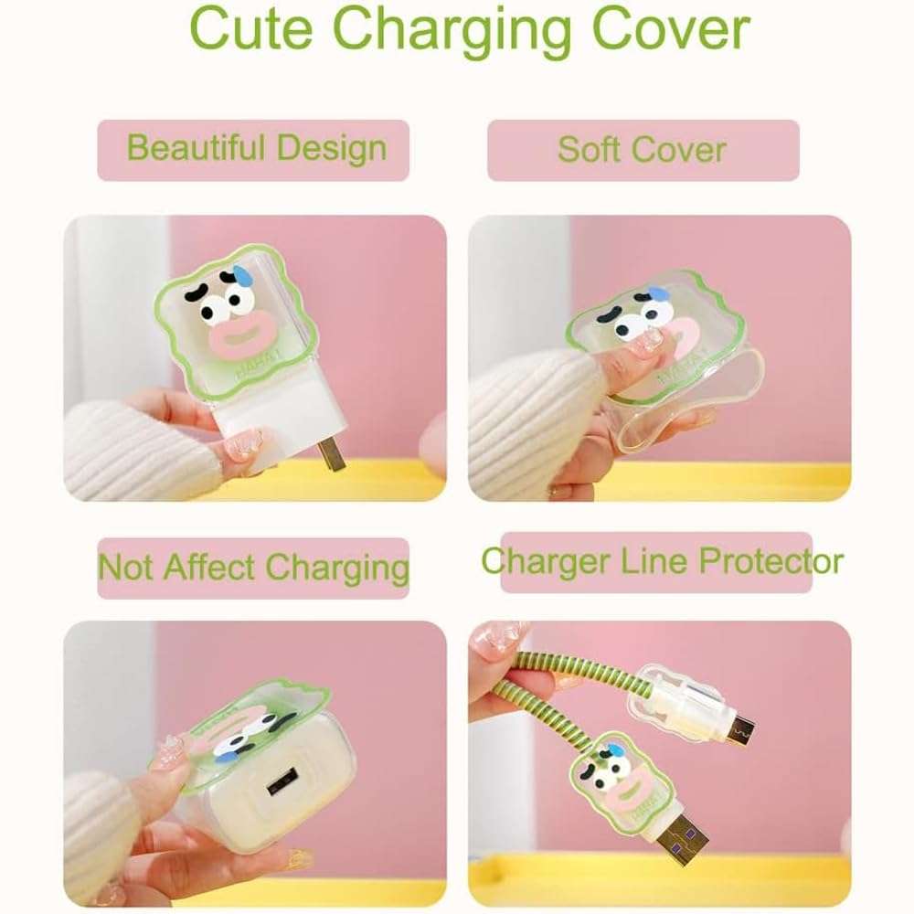 LALAPOPO Cute Wave Cable Protector Compatible for iPhone Charger Adapter with Green Funny Face Design,Data Line USB Cover Wire Cord Saver Lightning Cable Case for iPhone Charger 5