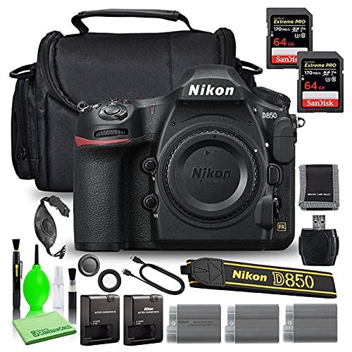 Nikon D850 DSLR Digital Camera Body Only (1585) Deluxe Bundle Kit with SanDisk 64GB Extreme PRO SD Card + (2) Extra Compatible Batteries + Large Camera Bag + Wireless Remote + More