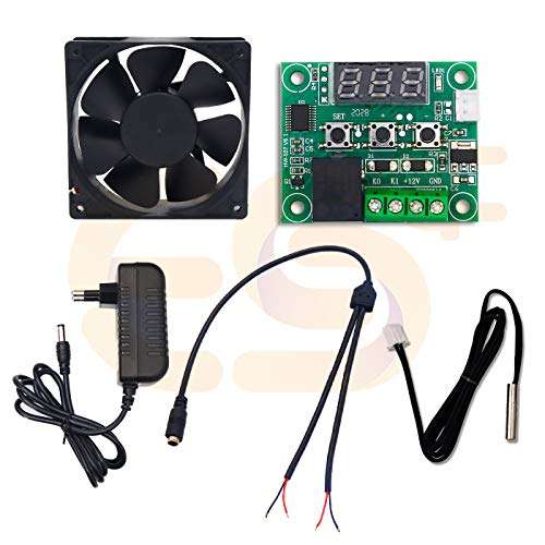 Electronic Spices Combo of Xh-w1209 Temperature Controller Thermostat Module With Probe, 3 Inch 12v Dc Exhaust Cooling Fan, 3.5mm Female Jack With 2 Connection and 12v 1a Dc Power Supply Adapter 1